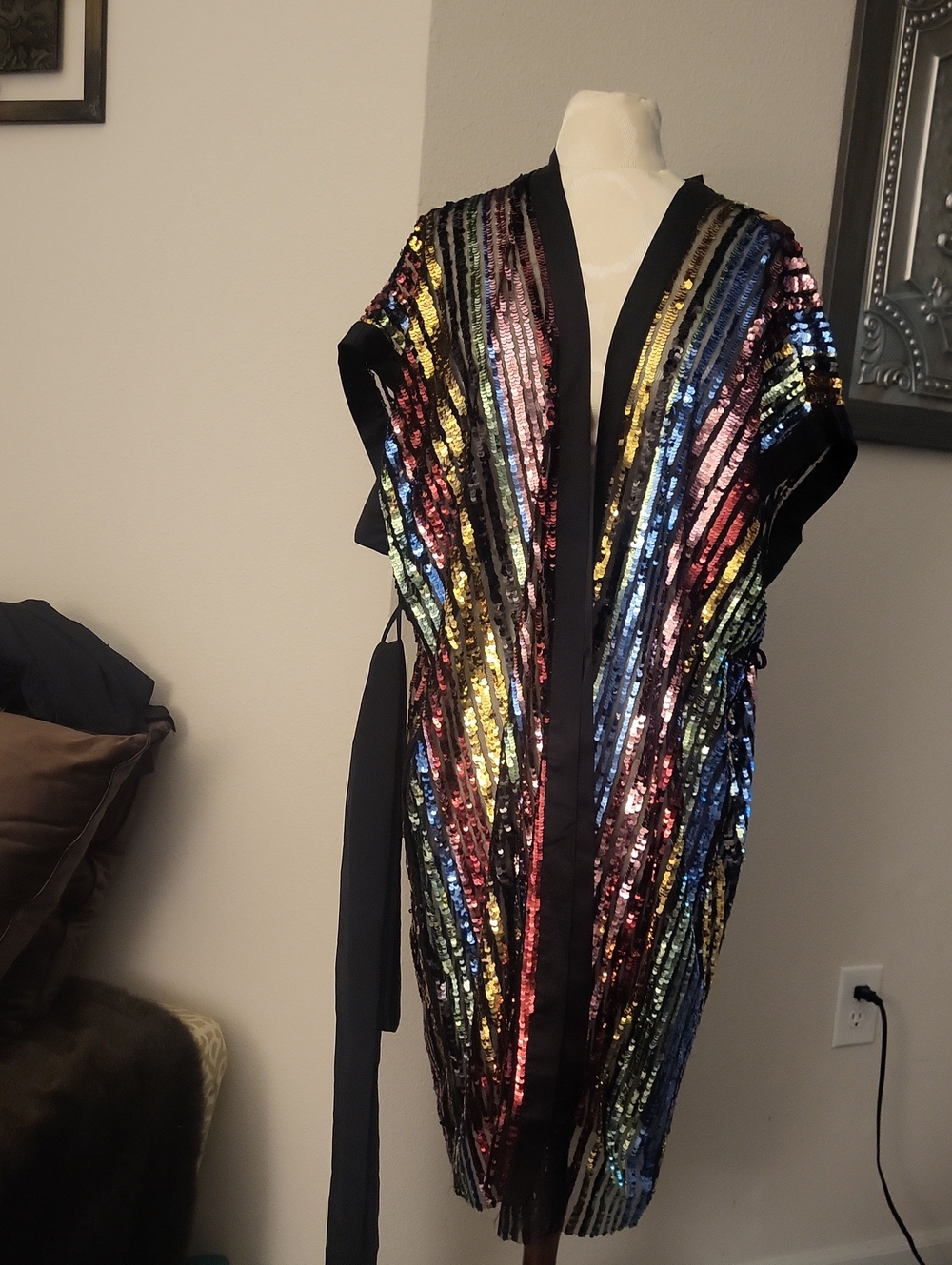 Fashion Nova Black Sequin Stripe Kimono with Multicolor Sequins